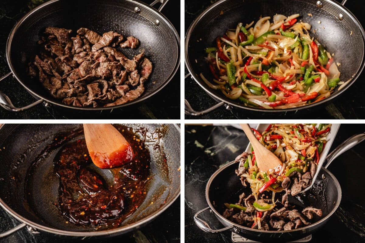 Steps for frying beef, veggies, and making sauce in wok.