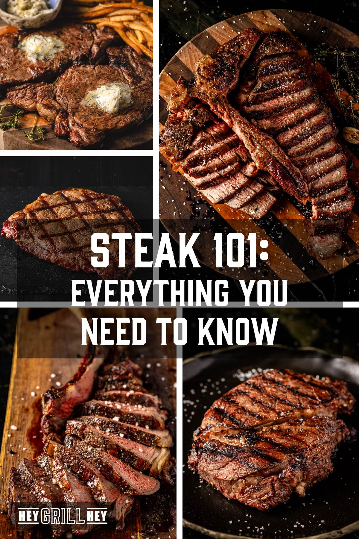 Various steaks on platters. Text reads "Steak 101: Everything you need to know".