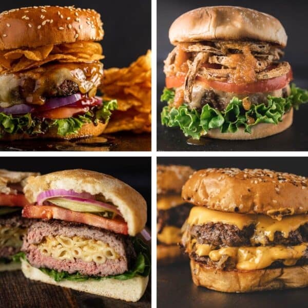 Collage of different burger recipes.