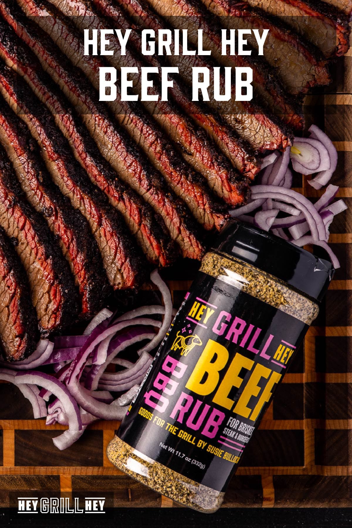 Beef Rub next to sliced brisket. Text reads "Hey Grill Hey Beef Rub".