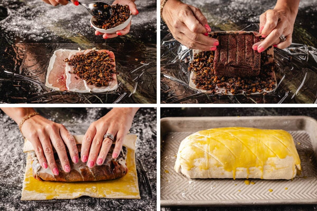 A chart showing the steps for wrapping tenderloin in the ham and pastry puff.