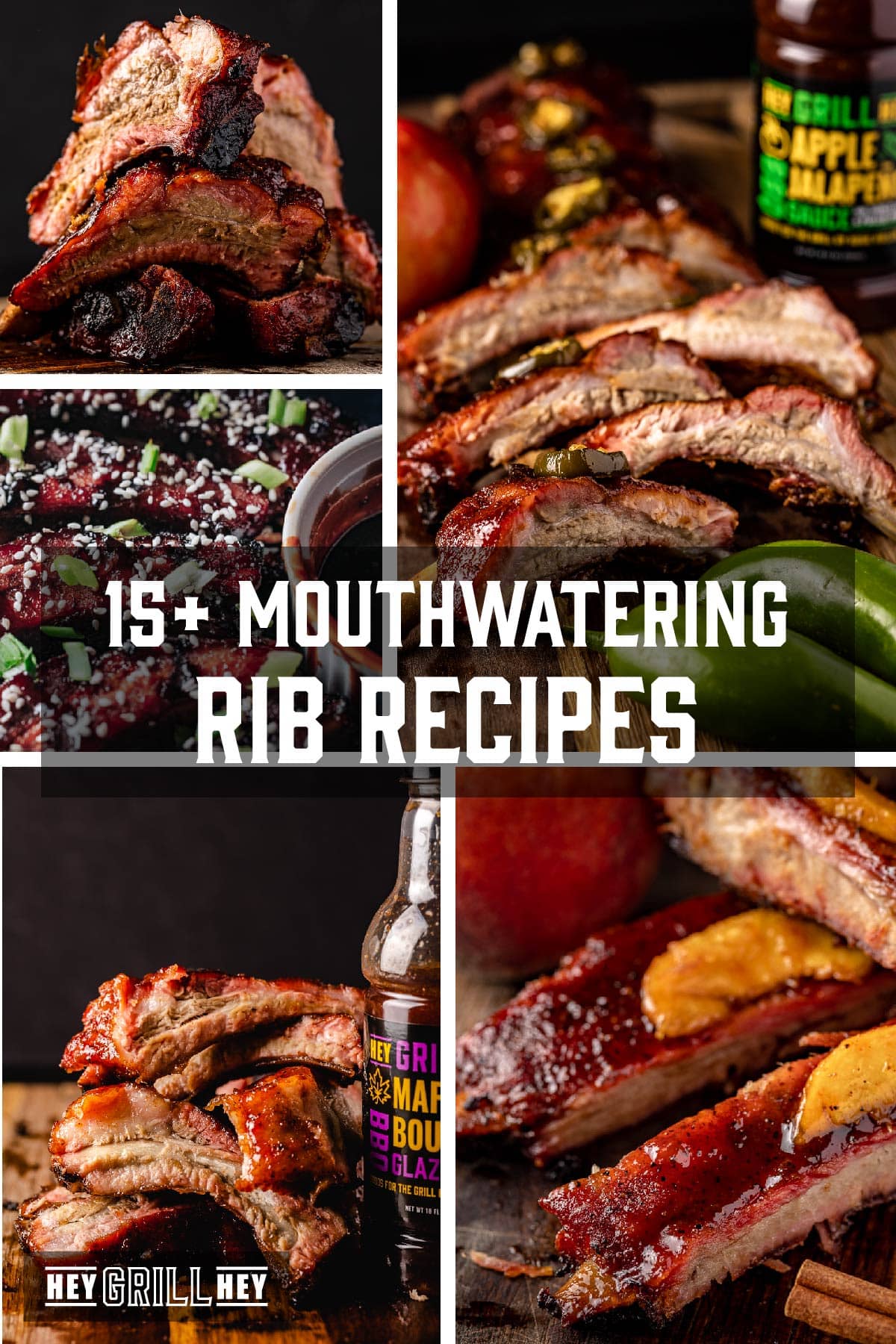 Various pictures or ribs in frames. Text reads "25+ Mouthwatering Rib Recipes".