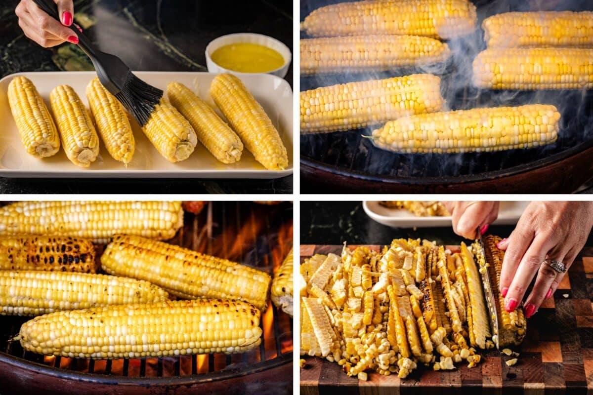 Collage of pictures showing the steps for grilling and shelling corn for salad.