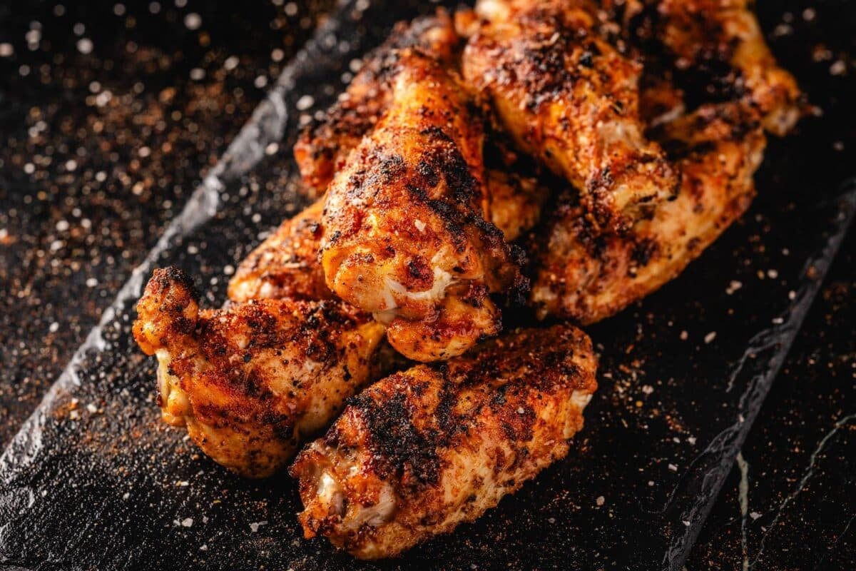 Grilled chicken on black serving platter.