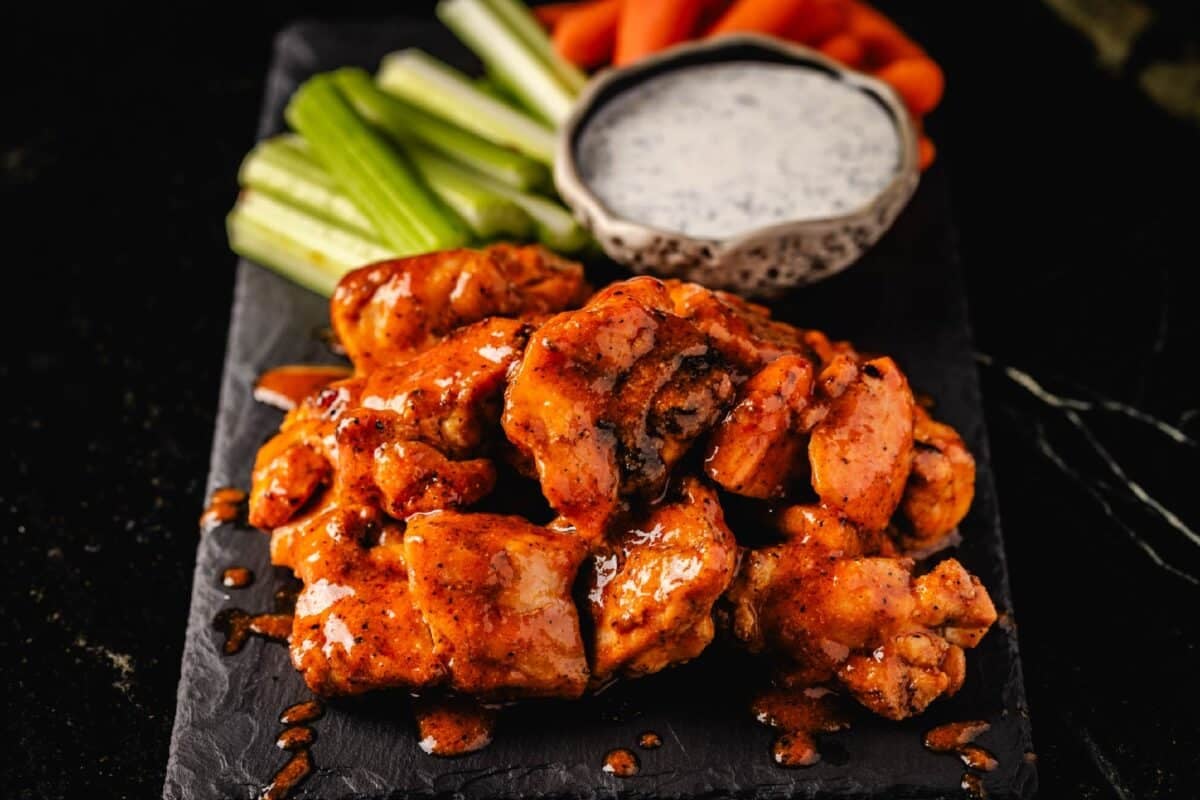 Grilled buffalo chicken bites next to carrot and celery sticks, and a bowl of ranch.