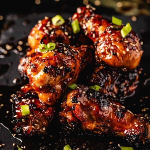 Teriyaki wings piled on a black serving platter, sprinkled with green onion slices.