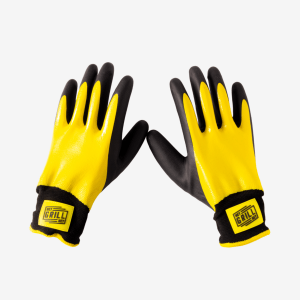 Black and yellow Pitmaster Gloves on white background.