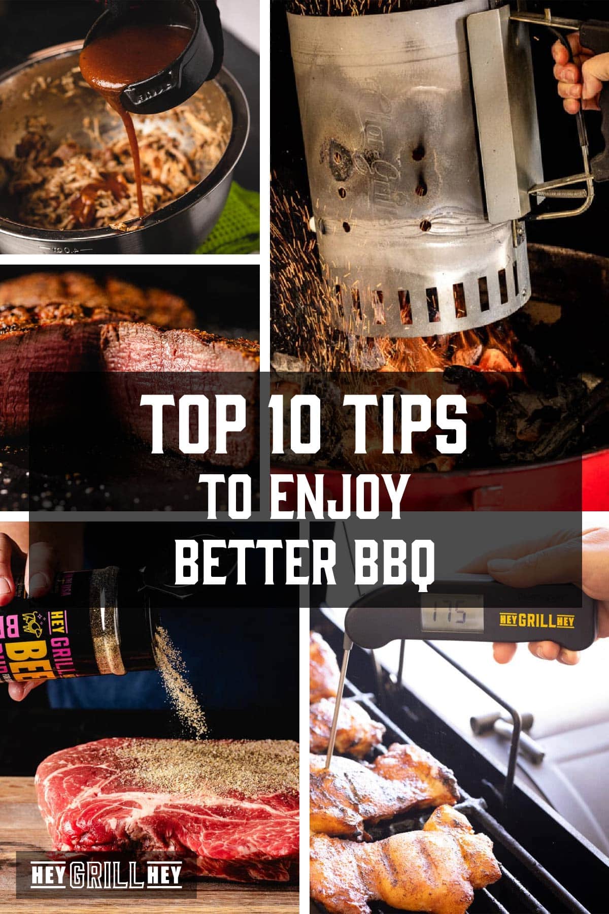 A collage of various BBQ hacks. Text overlay reads "Top 10 Tips to Enjoy Better BBQ."