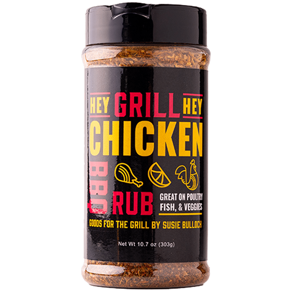 A 12 ounce shaker of Chicken Rub.