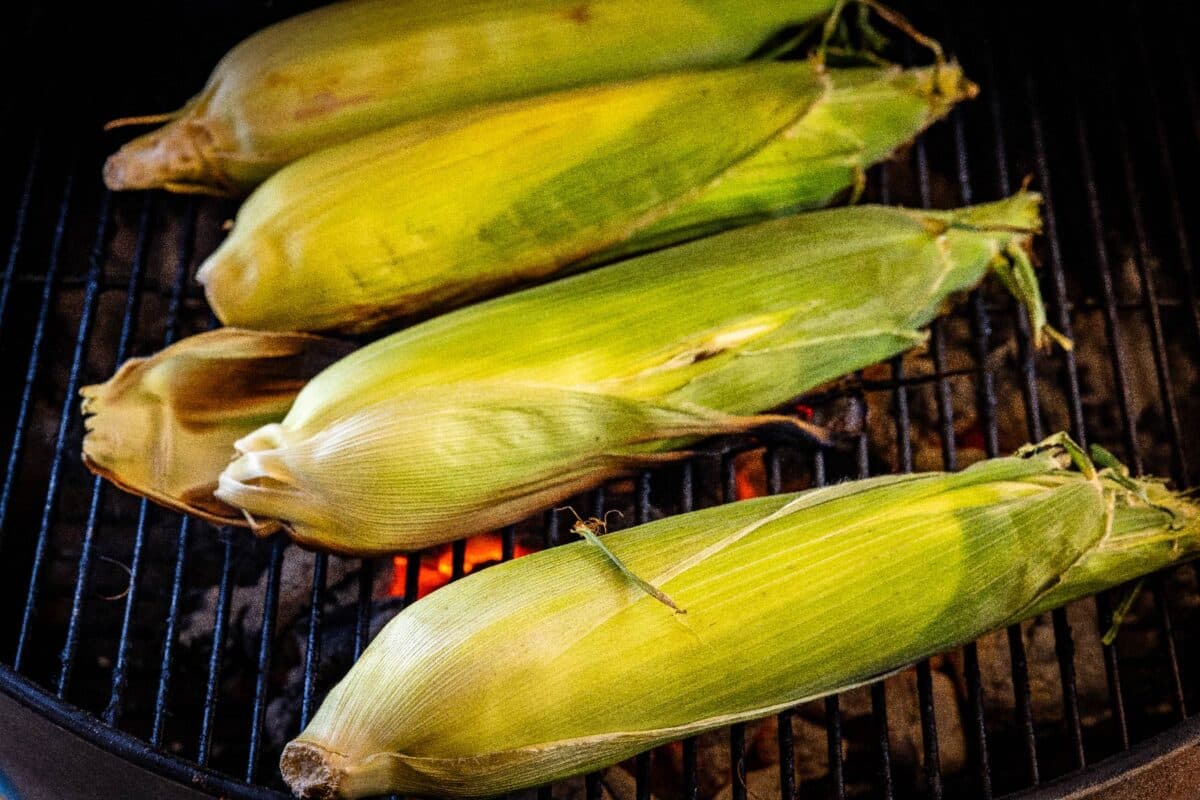 Husks on grates above charcoals.