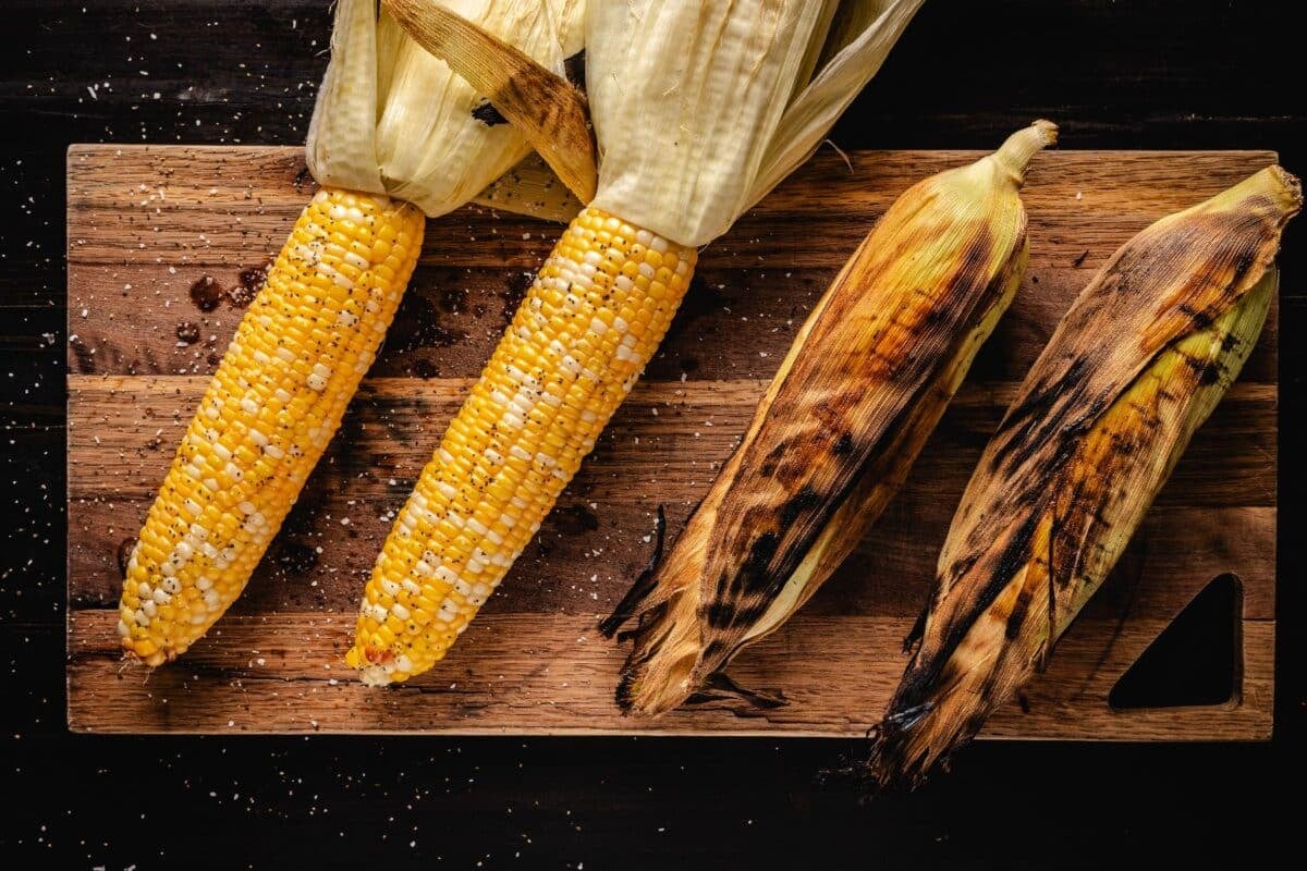 Husked and unhusked ears of grilled corn on a serving platter.