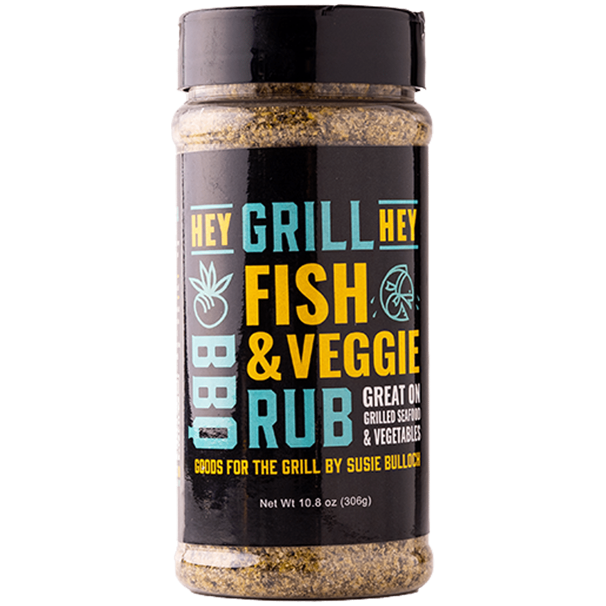 A 12 ounce shaker of Fish & Veggie Rub.