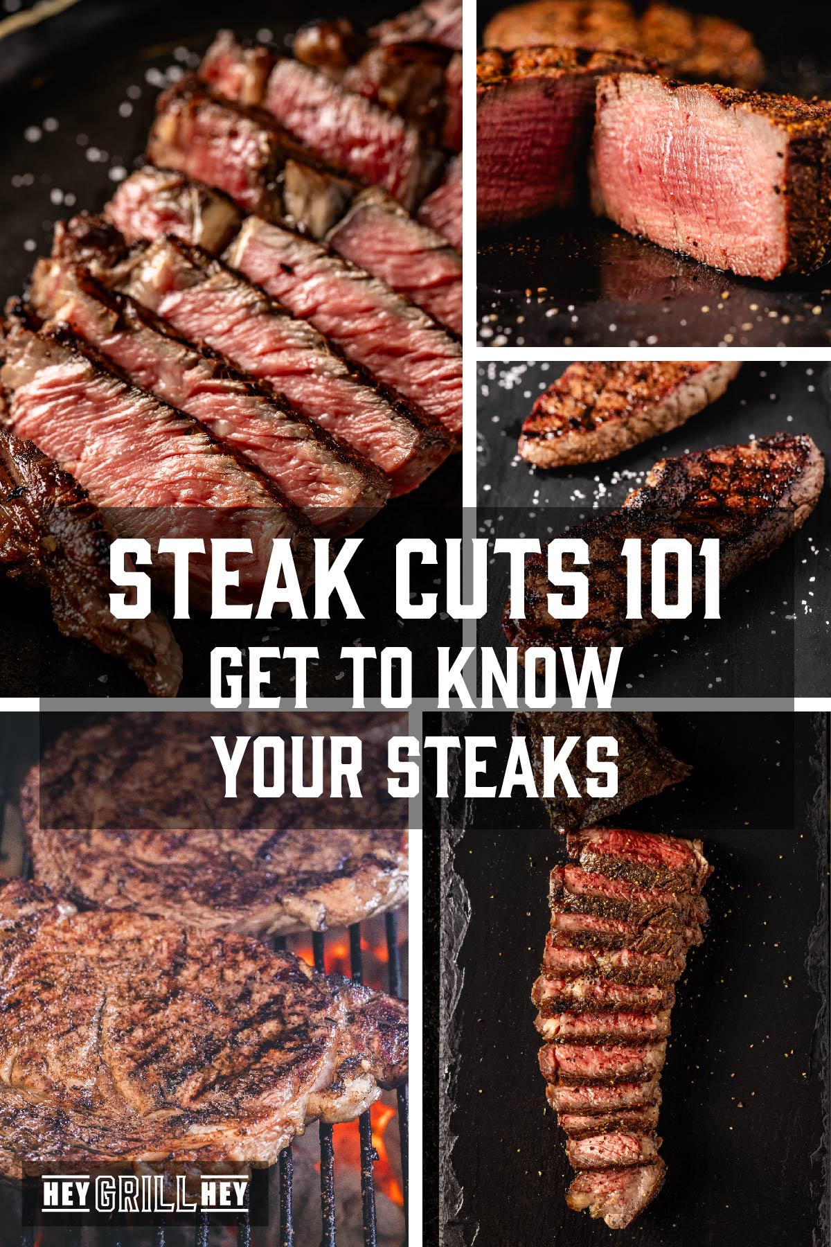 A collage of five different steak cuts. Text overlay reads "Steak Cuts 101 Get to Know Your Steaks."