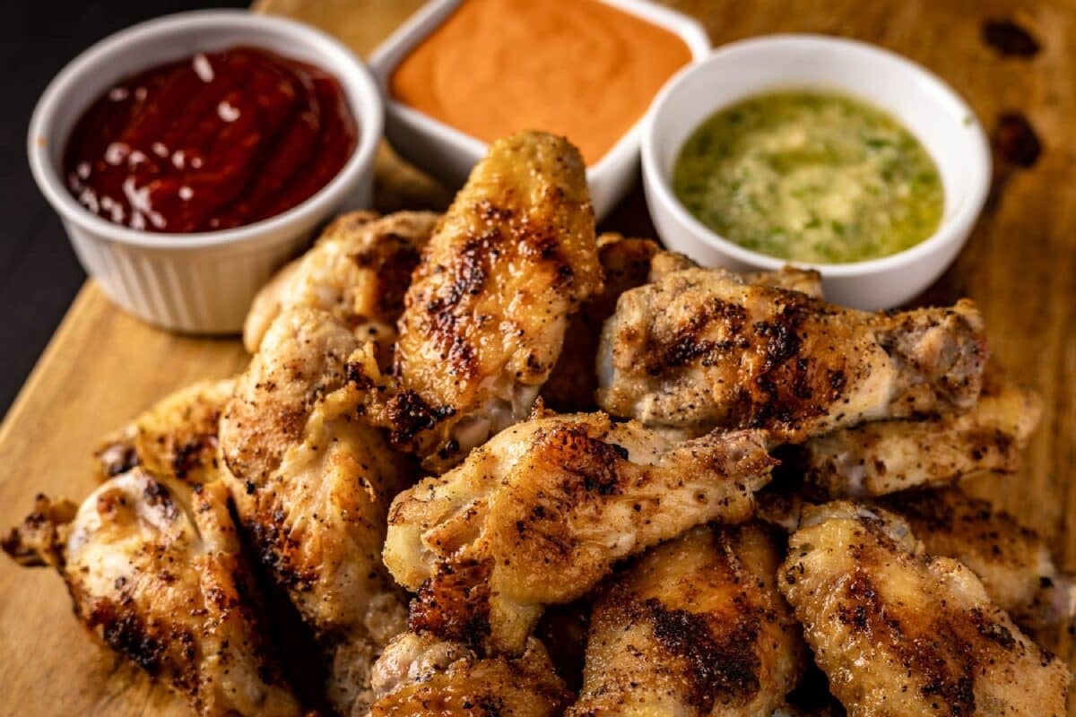 A chicken wing platter with sauces in white cups.