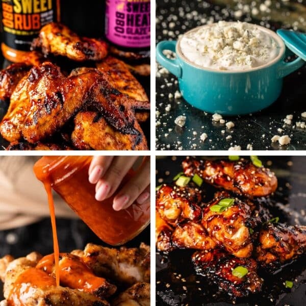 A collage of wings and sauces.