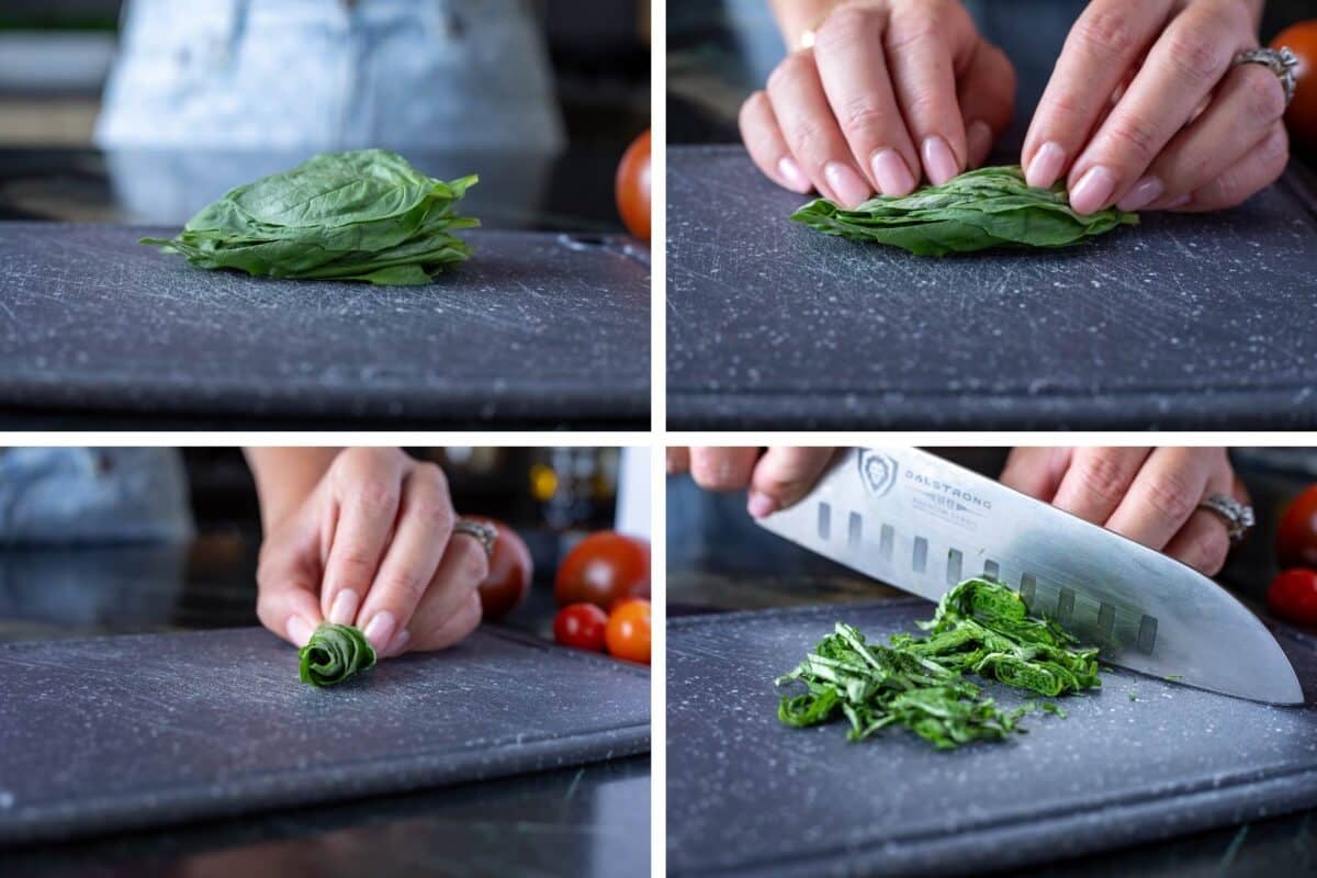 A collage of 4 pictures illustrating how to chiffonade basil leaves.