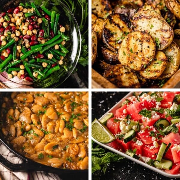 A collage of various BBQ side dishes.