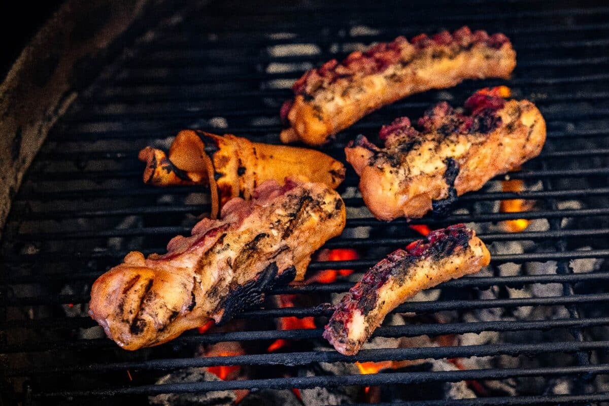 Octopus tentacles sitting on grill grates.