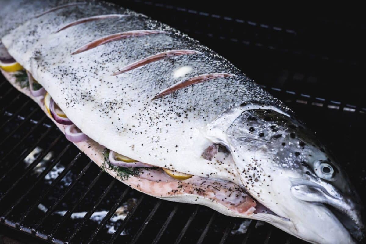 A whole, skin-on fish sitting on grill grates.