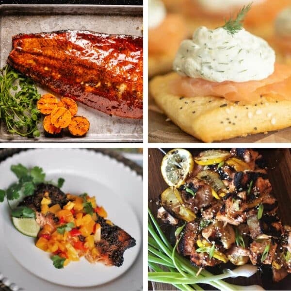 A collage of various smoked and grilled salmon dishes.