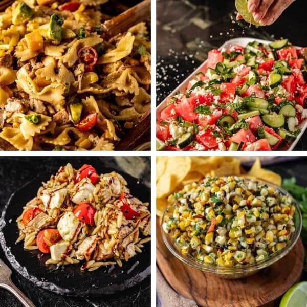 A collage with four different salad recipes in dishes.