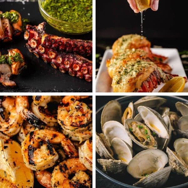 A collage of various grilled seafood dishes.