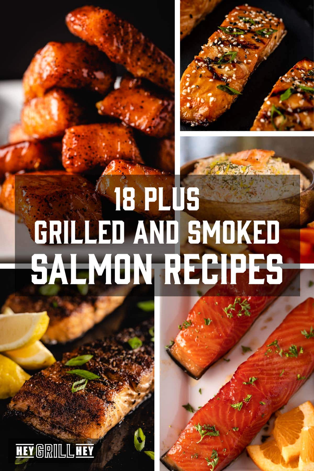 A collage of various salmon dishes. The text overlay reads "18 Plus Grilled and Smoked Salmon Recipes" at the top, and "Hey Grill Hey" at the bottom.