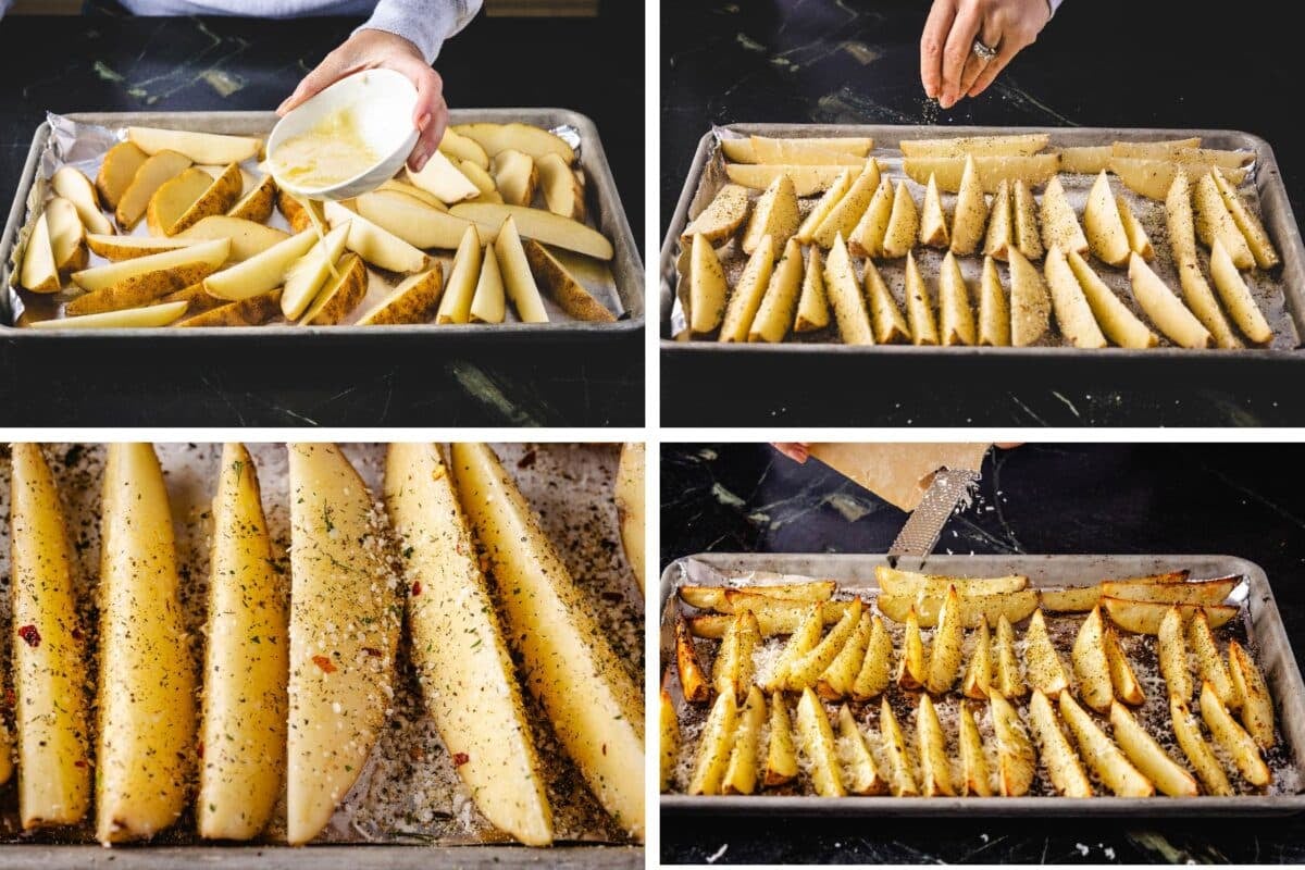 A collage showing the steps for buttering and seasoning sliced potatoes.