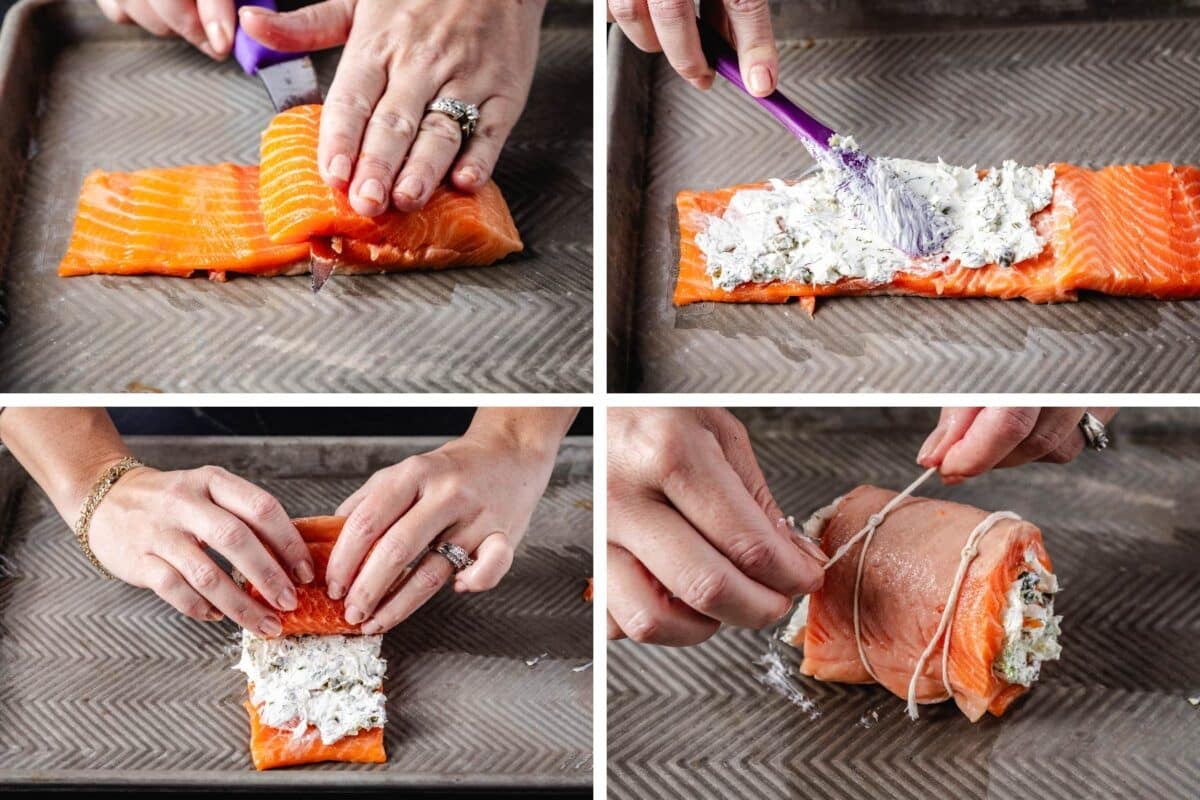 A collage of the steps for slicing, stuffing, rolling, and tying fish fillets.