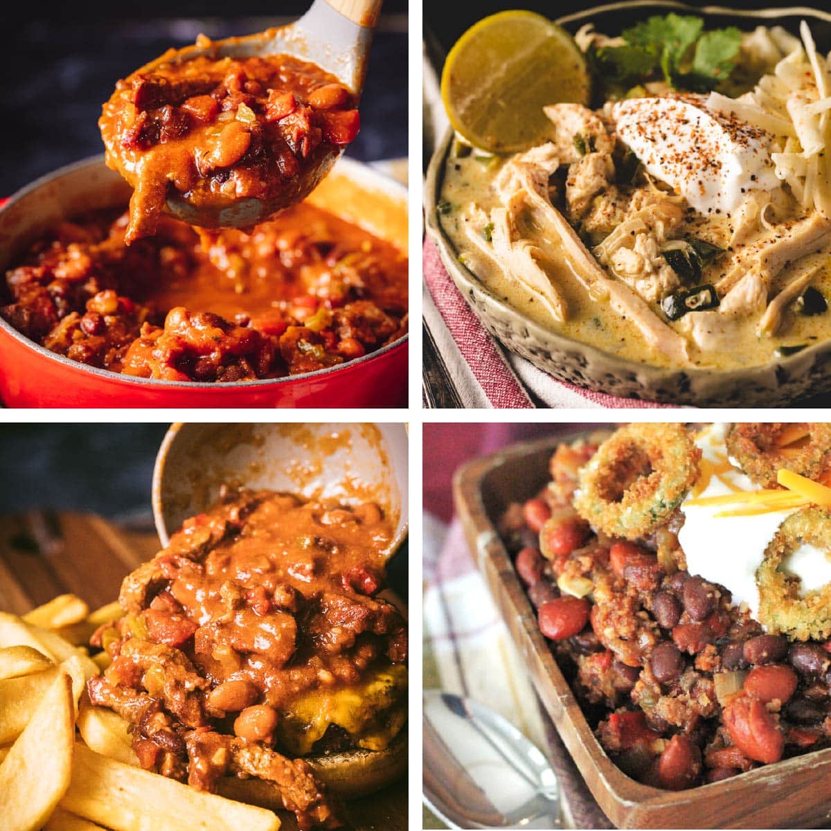 A collage featuring various chili recipes.