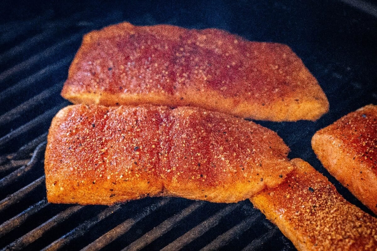 Seasoned salmon fillets sitting on grill grates.