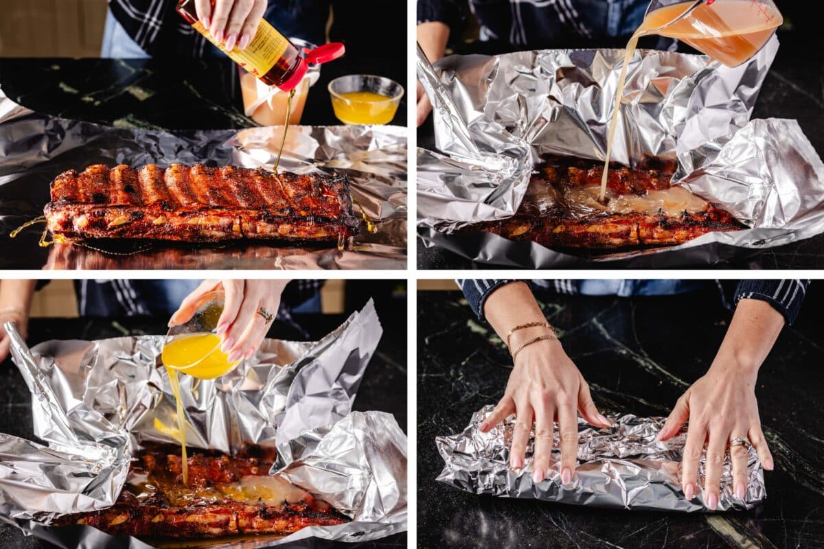 A collage showing the steps for wrapping and braising pork ribs.