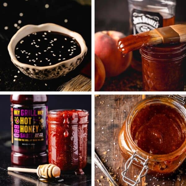 A collage of various BBQ sauces and glazes.