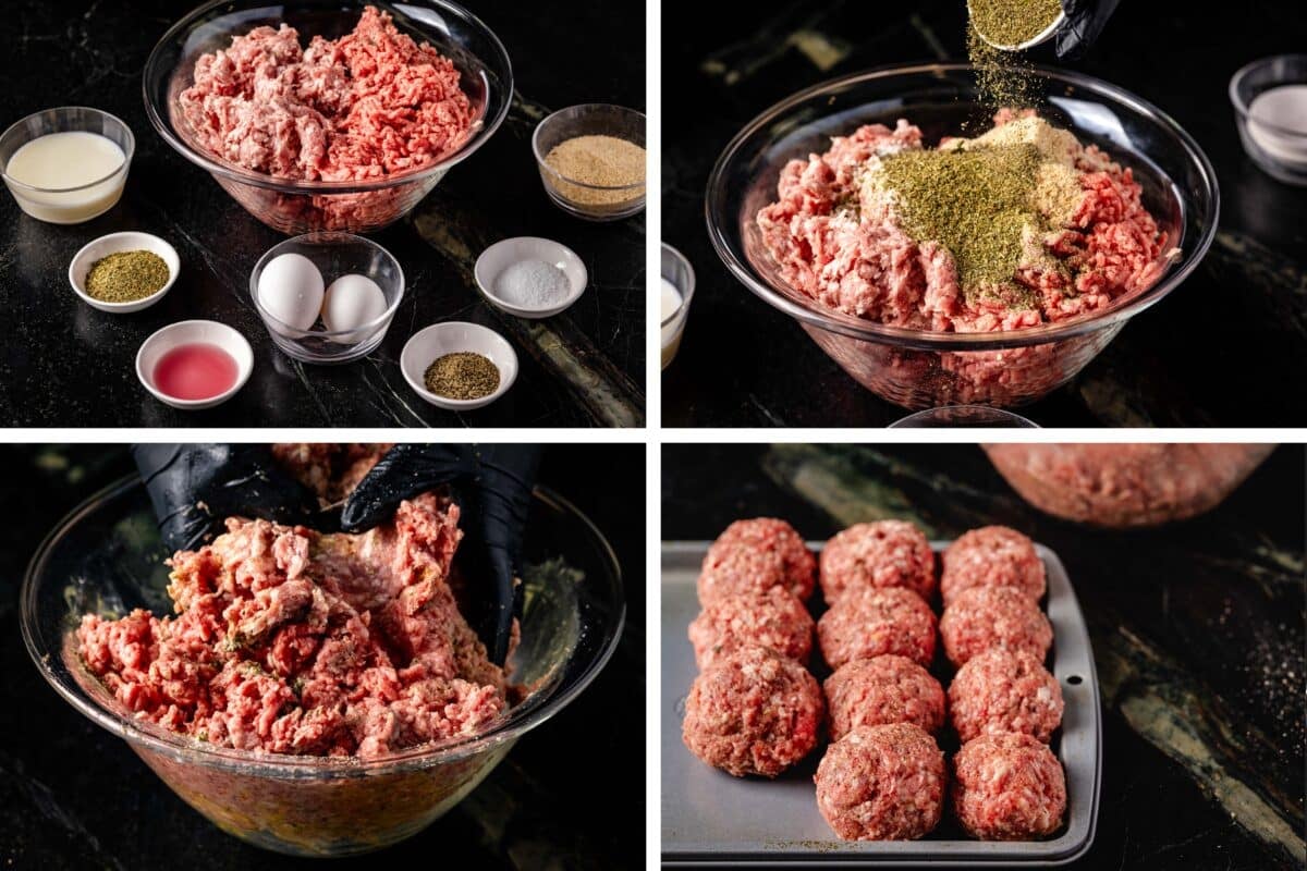 A collage showing the various steps for forming meatballs from ground beef.