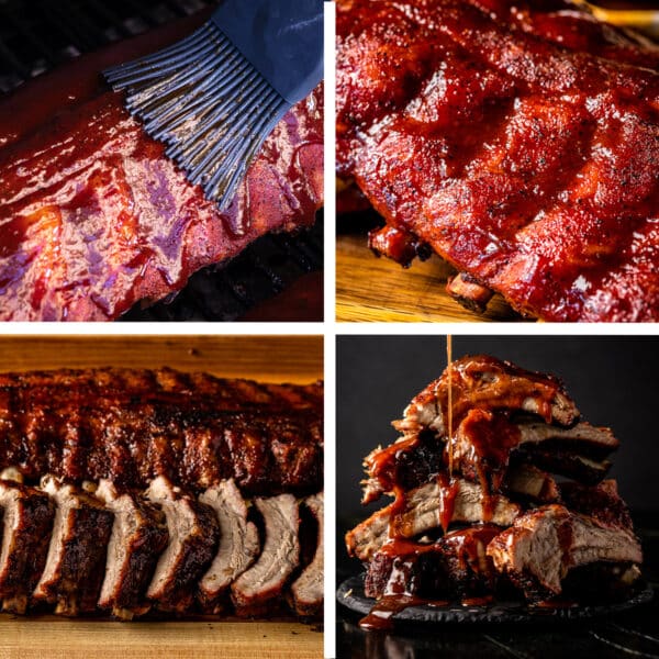 A collage of baby back ribs covered in sauce.