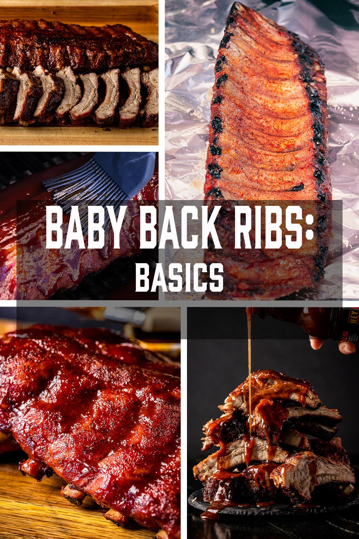 A collage of baby back ribs in various stages of preparation.
