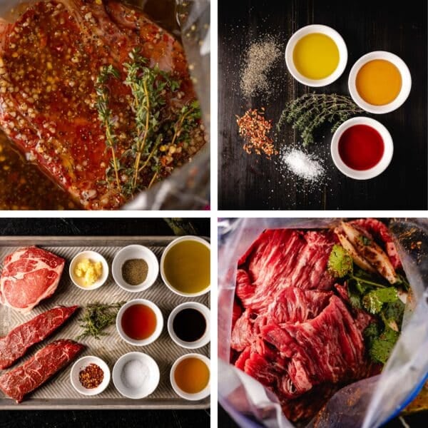 A collage of marinade ingredients and steps showing how to marinate steak.