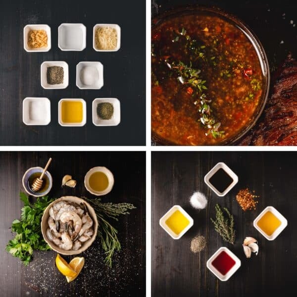 A collage featuring the ingredients for various marinade recipes displayed in bowls.