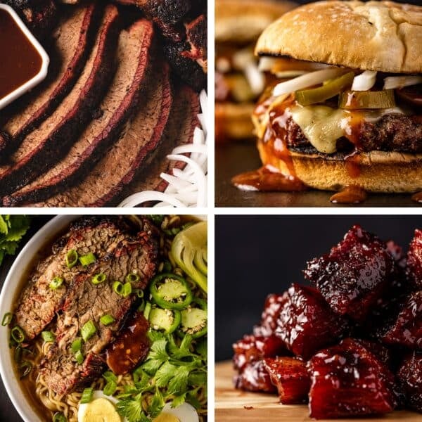 A collage showing various recipes using brisket.