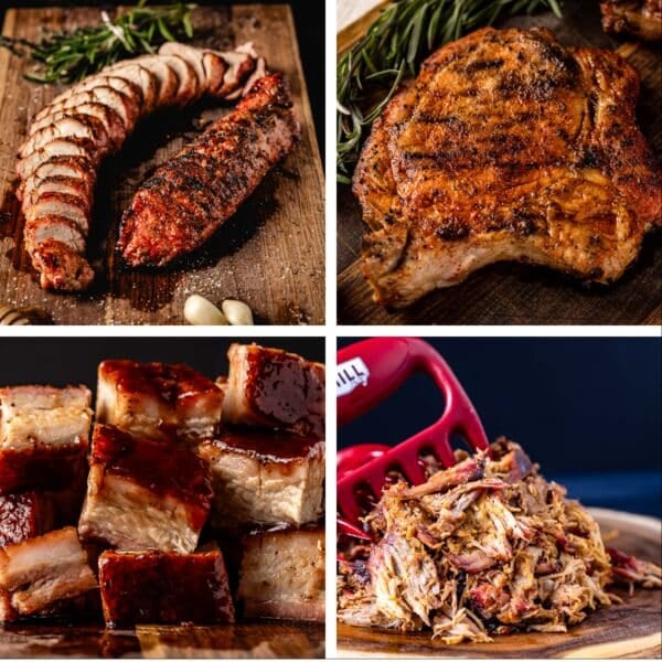 A collage featuring various pork recipes.