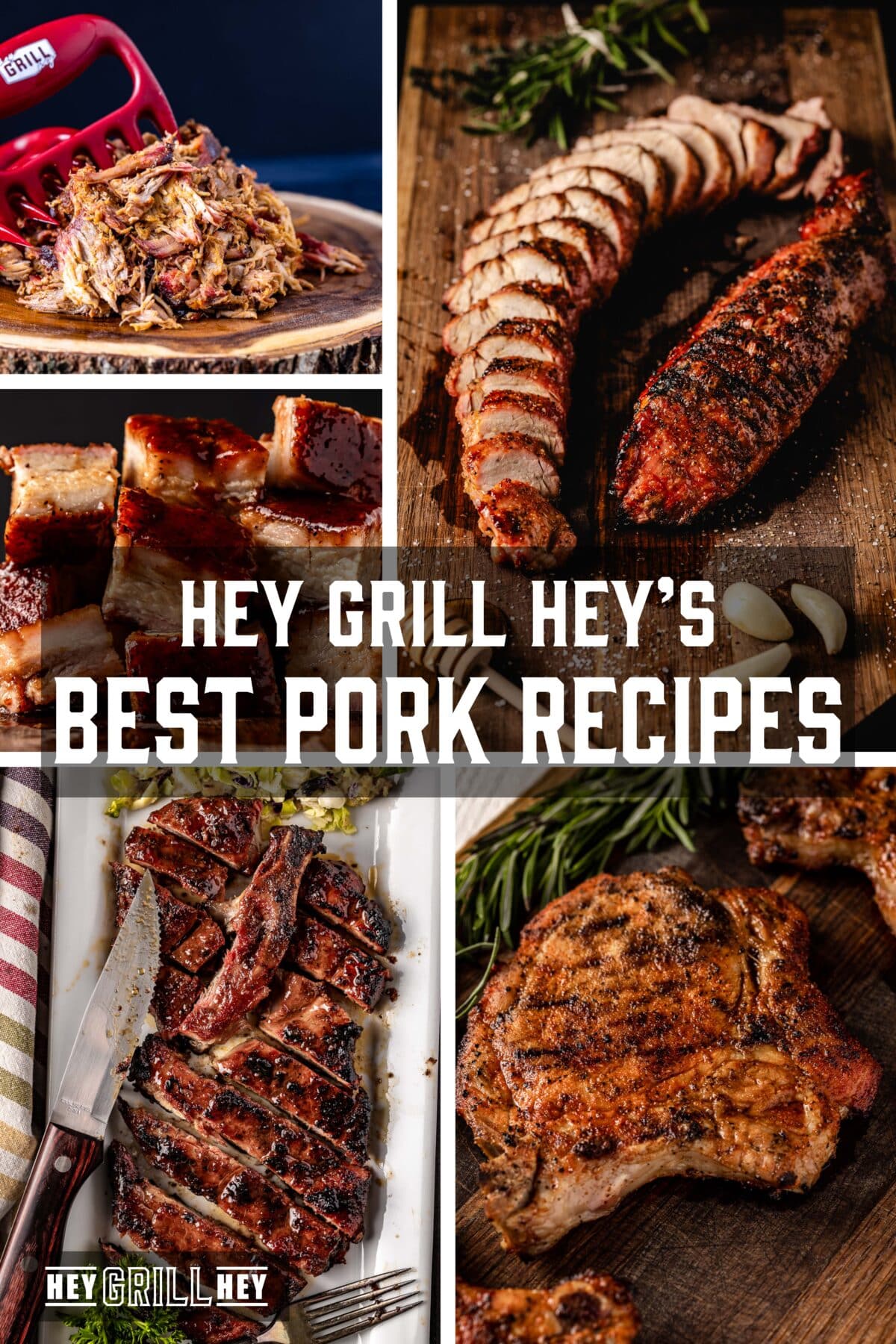 A collage featuring various pork recipes. The text overlay reads "Hey Grill Hey's Best Pork Recipes" in the middle, and "Hey Grill Hey" at the bottom.