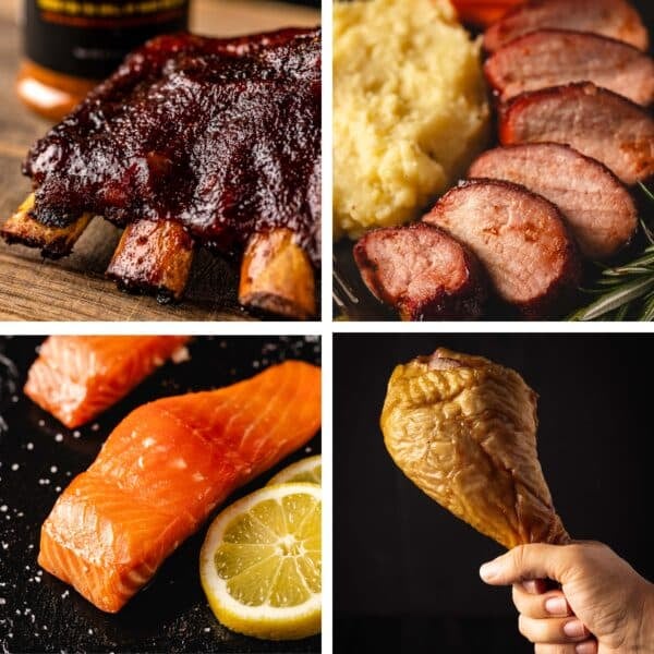 A collage of four different BBQ recipes made on a smoker.