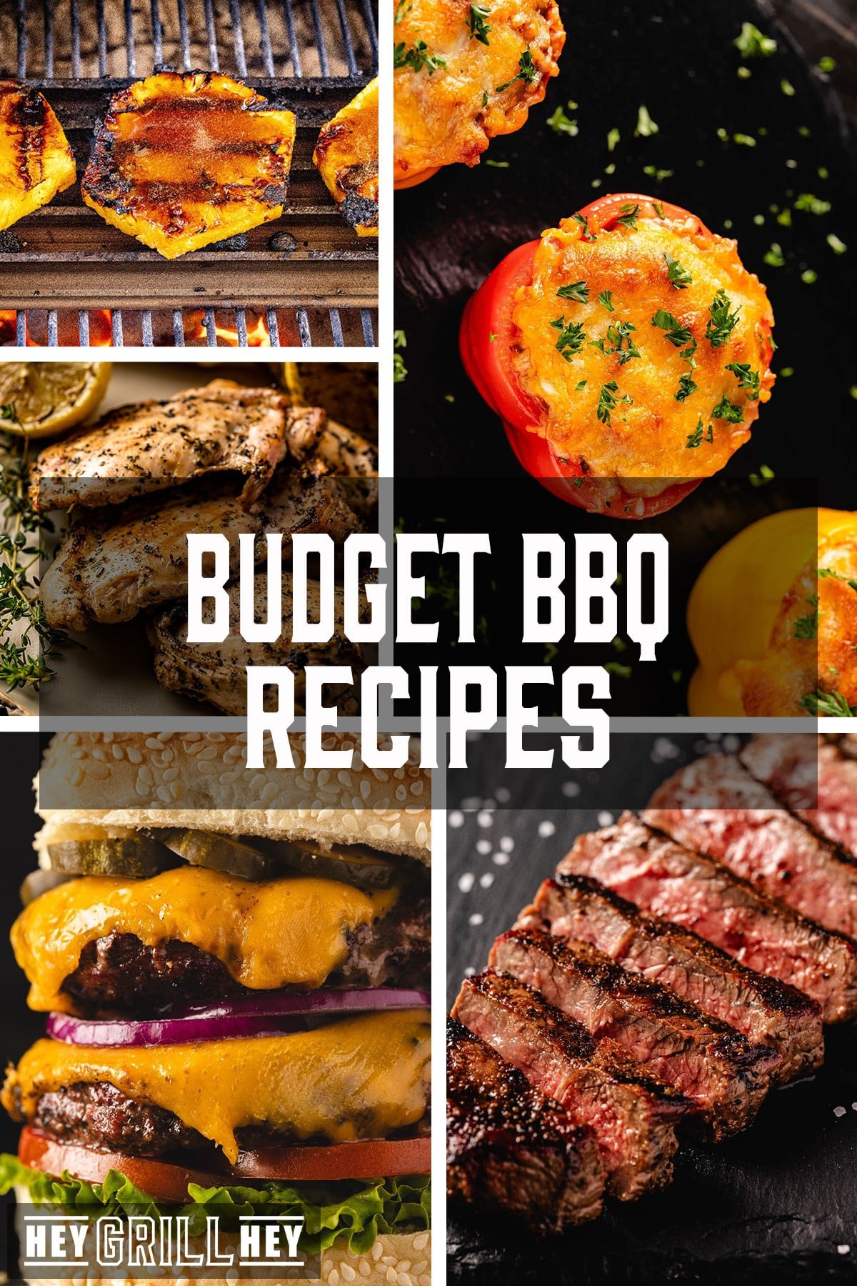 A collage of budget BBQ recipes featuring sirloin steak, grilled chicken thighs, stuffed peppers, and a classic cheeseburger.