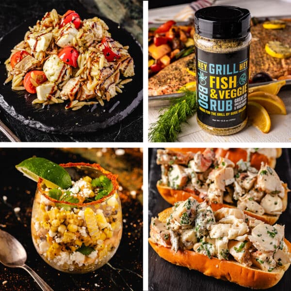 A collage of recipes featuring Hey Grill Hey Fish & Veggie Rub.
