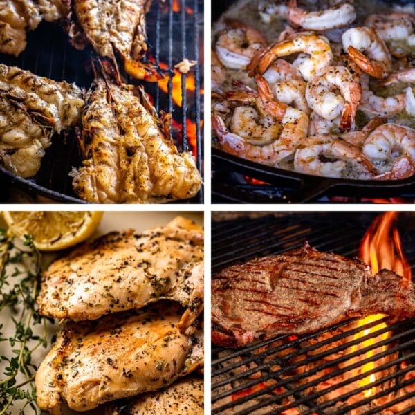 A collage of various grilled dishes.