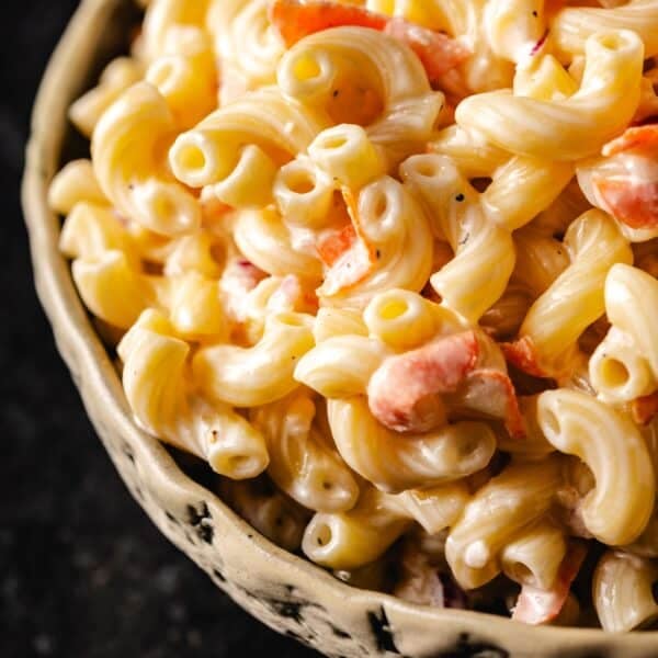 A closeup shot of a bowl of Hawaiian Mac Salad.
