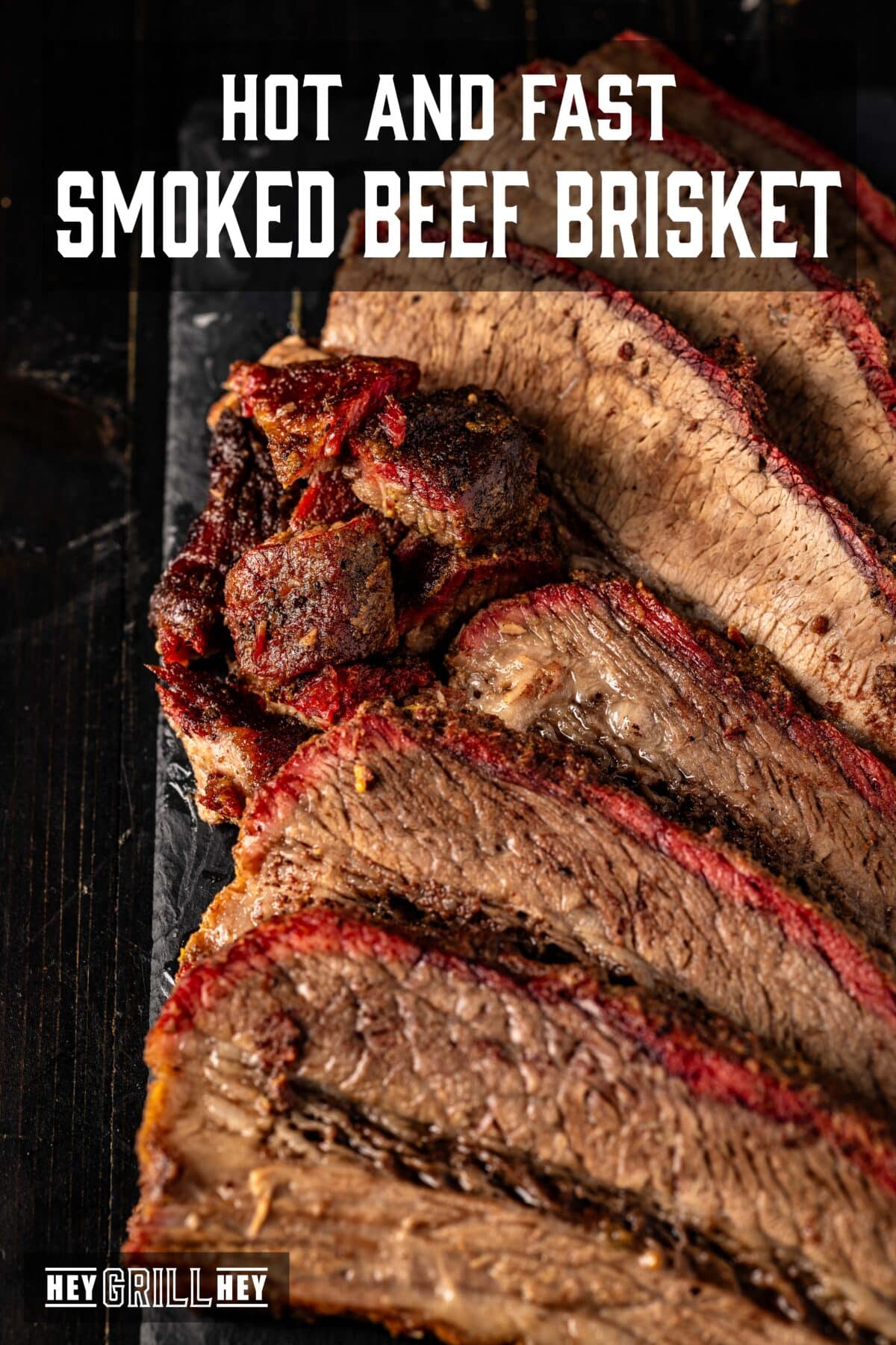 Sliced brisket on a black platter. The text overlay reads "Hot and Fast Smoked Beef Brisket" at the top, and "Hey Grill Hey" at the bottom.