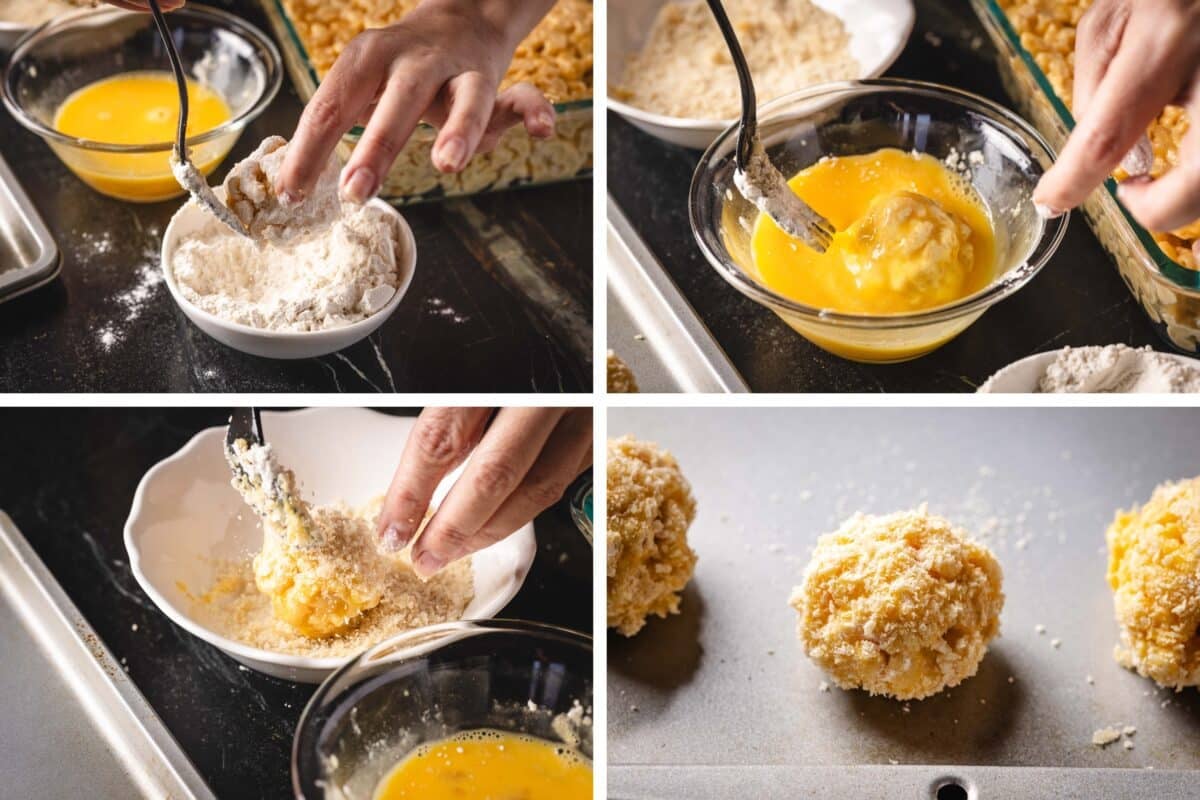 A collage showing the steps for adding breading to macaroni balls for frying.
