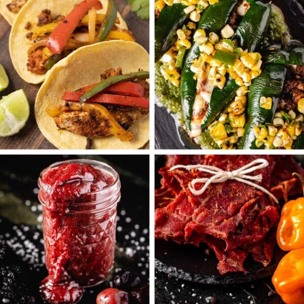 A collage of four separate pepper recipes.