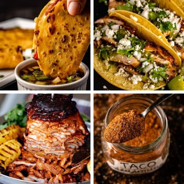 A collage showing various taco and taco seasoning recipes.